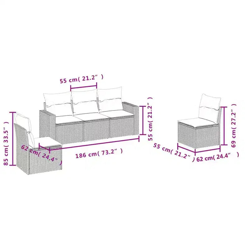 vidaXL 5 Piece Patio Sofa Set with Cushions Gray Poly Rattan
