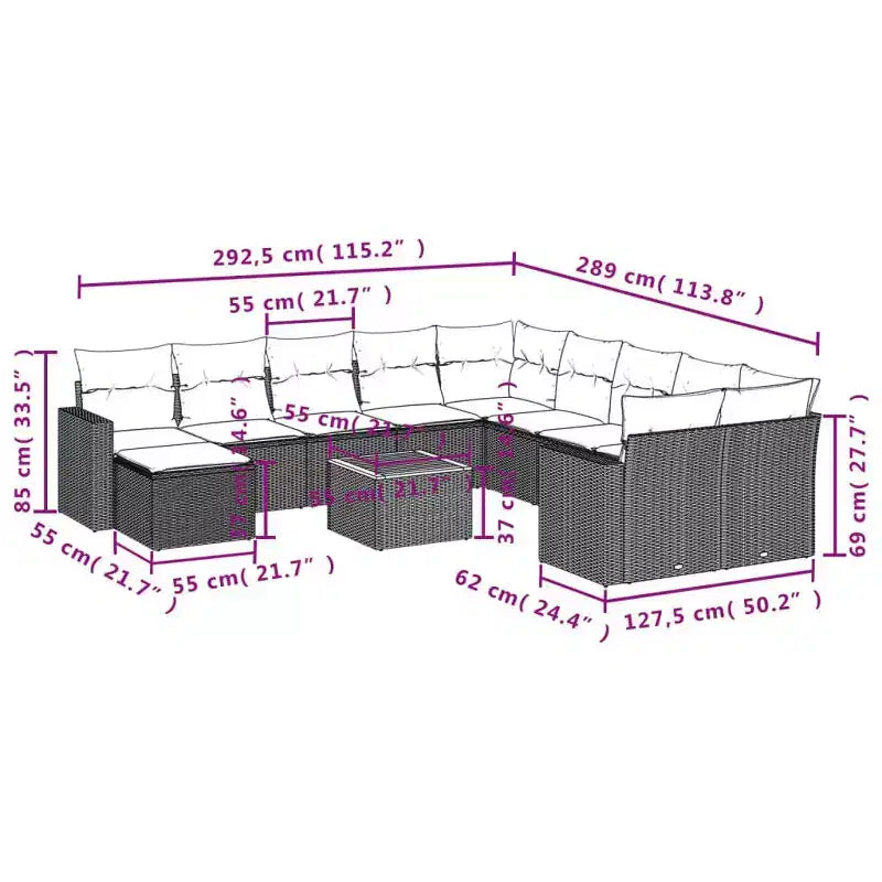 vidaXL ensemble de canapé de terrasse avec coussins, mobilier d’extérieur 12 pièces en polyrotin