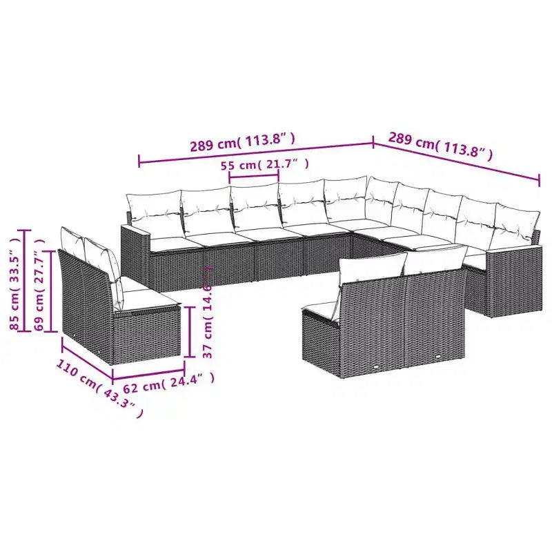 vidaXL 14-teiliges Loungeset für die Terrasse mit Auflagen, Poly-Rattan