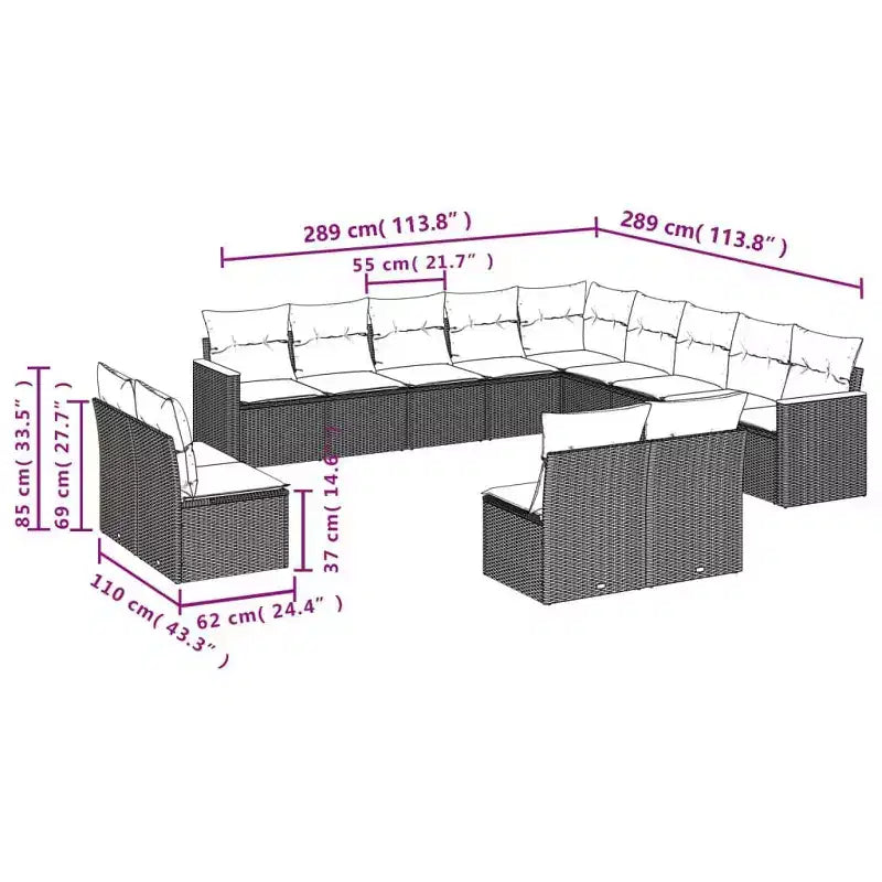 vidaXL 14-teiliges Loungeset für die Terrasse mit Auflagen, Poly-Rattan