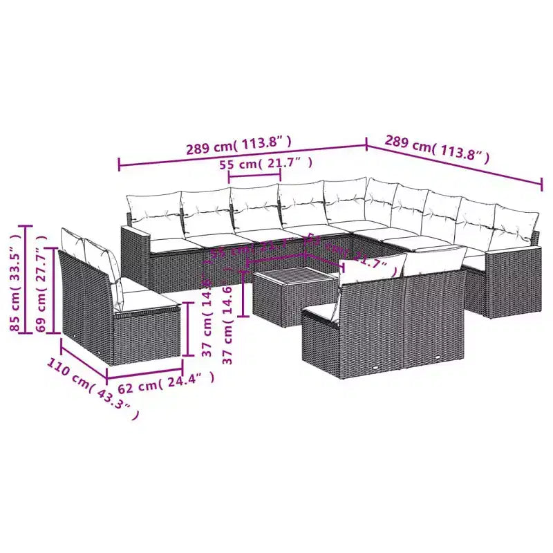 vidaXL 14-teiliges Loungeset für die Terrasse mit Auflagen, Poly-Rattan