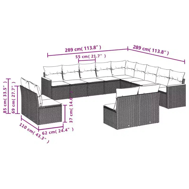 vidaXL 14-teiliges Loungeset für die Terrasse mit Auflagen, Poly-Rattan