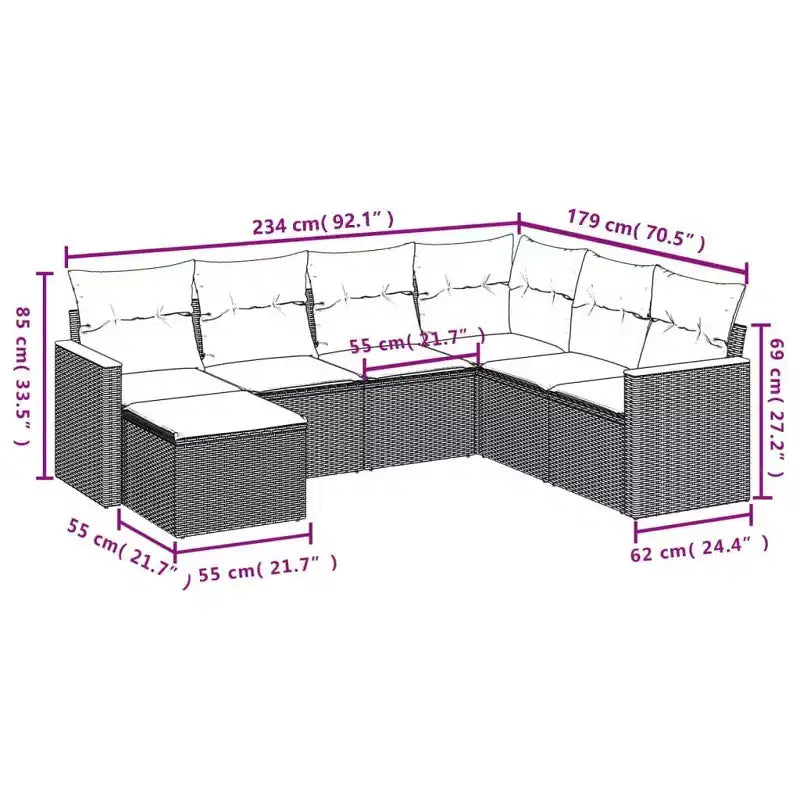 vidaXL 7-teiliges Gartensofa-Set mit Kissen, Poly-Rattan