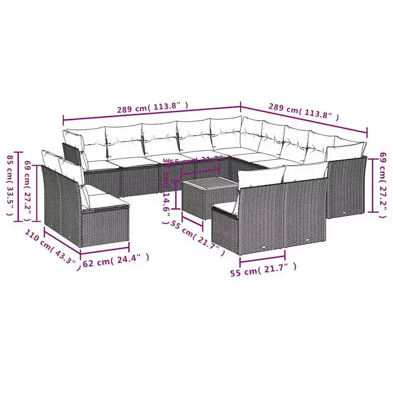 vidaXL 14-teiliges Terrassensofaset mit Kissen aus schwarzem Poly-Rattan