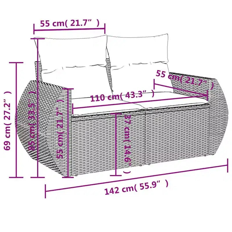 Ensemble de salon de jardin vidaXL 9 pièces avec coussins, mobilier de terrasse d’extérieur d’angle en polyrotin