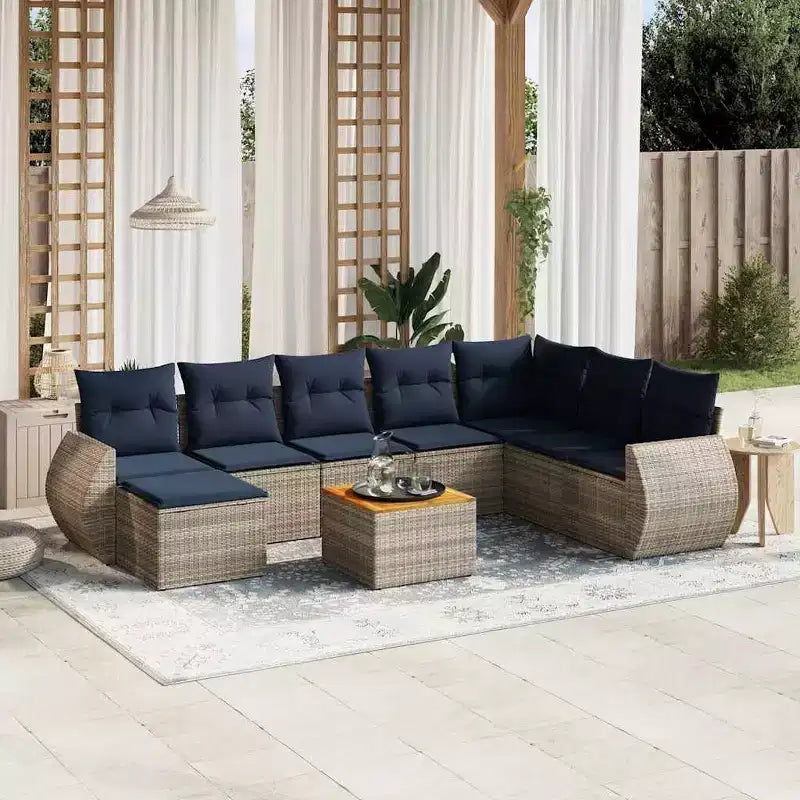 Ensemble de salon de jardin vidaXL 9 pièces avec coussins, mobilier de terrasse d’extérieur d’angle en polyrotin