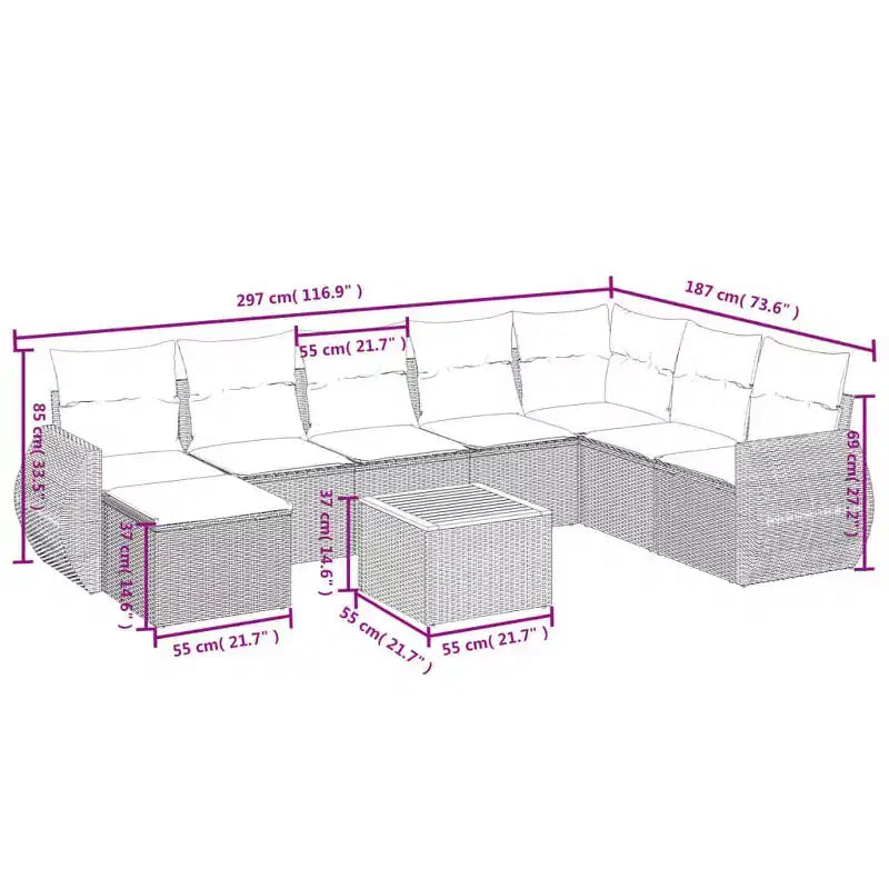 Ensemble de salon de jardin vidaXL 9 pièces avec coussins, mobilier de terrasse d’extérieur d’angle en polyrotin