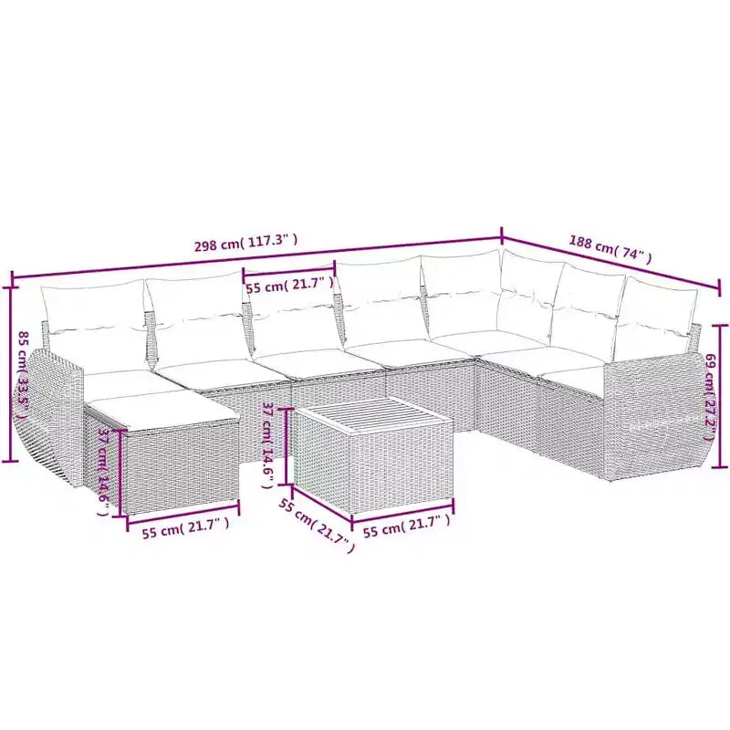 Ensemble de salon de jardin vidaXL 9 pièces avec coussins, mobilier de terrasse d’extérieur d’angle en polyrotin
