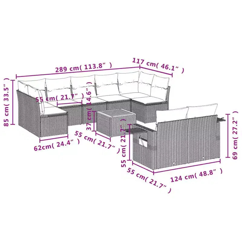 vidaXL 10-teilige Gartensofagarnitur mit Polstern aus grauem Polyrattan