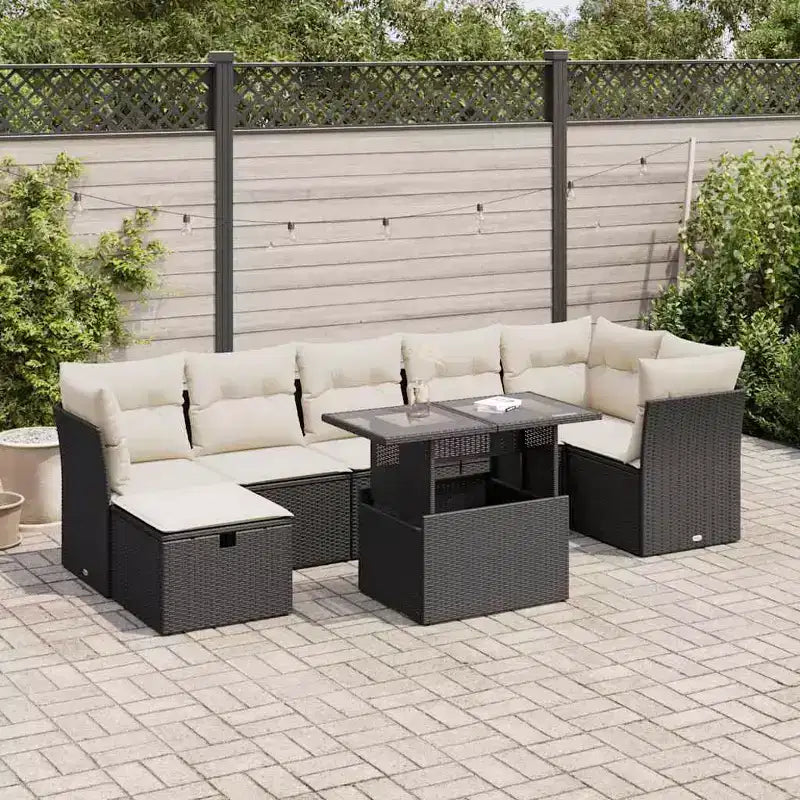 vidaXL 8-teiliges Gartensofa-Set mit Kissen, Poly-Rattan, modulares Ecksofa für den Außenbereich, verstellbarer Tisch