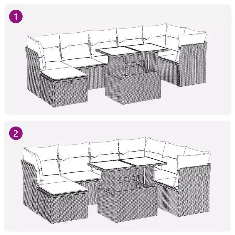 vidaXL 8-teiliges Gartensofa-Set mit Kissen, Poly-Rattan, modulares Ecksofa für den Außenbereich, verstellbarer Tisch