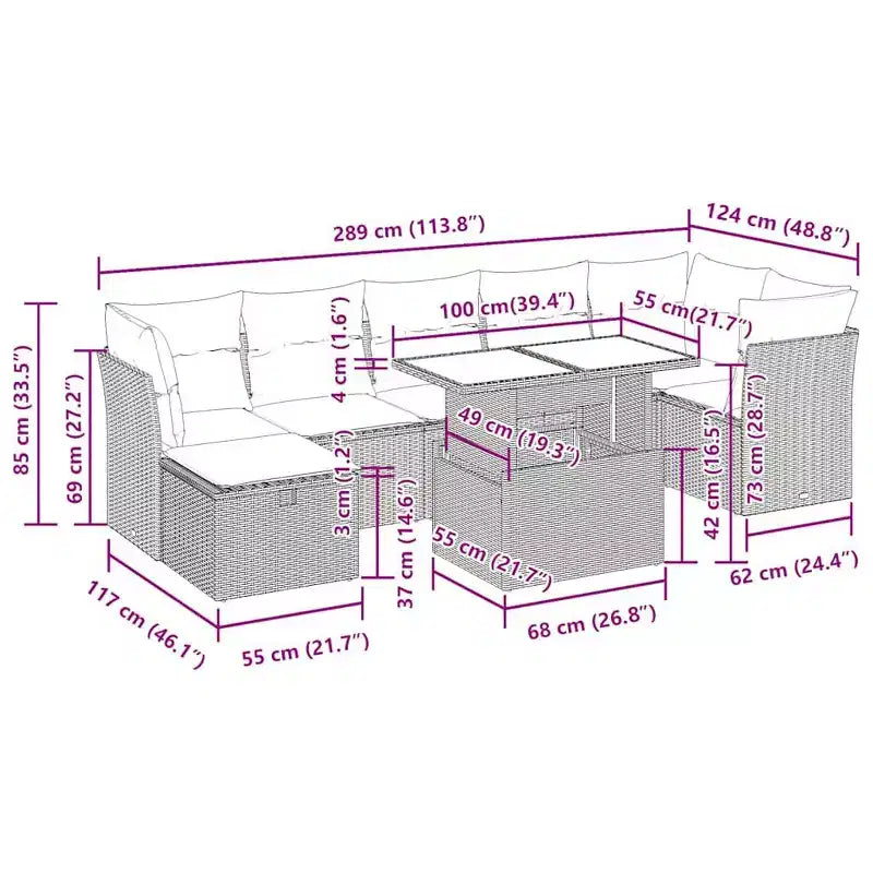 vidaXL 8-teiliges Gartensofa-Set mit Kissen, Poly-Rattan, modulares Ecksofa für den Außenbereich, verstellbarer Tisch