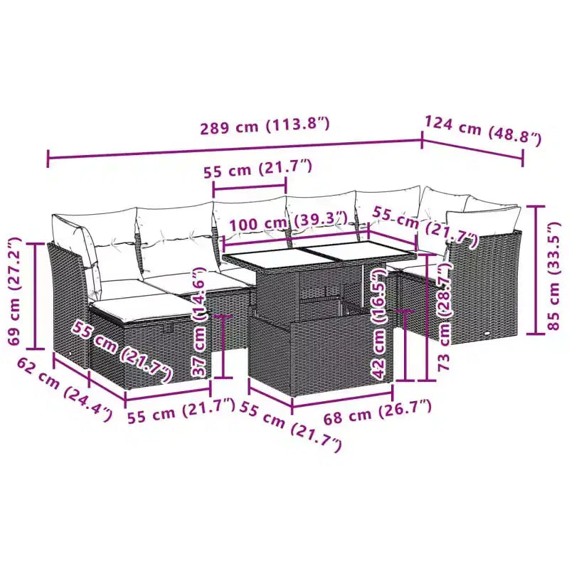 vidaXL 8-teiliges Gartensofa-Set mit Kissen, Poly-Rattan, modulares Ecksofa für den Außenbereich, verstellbarer Tisch