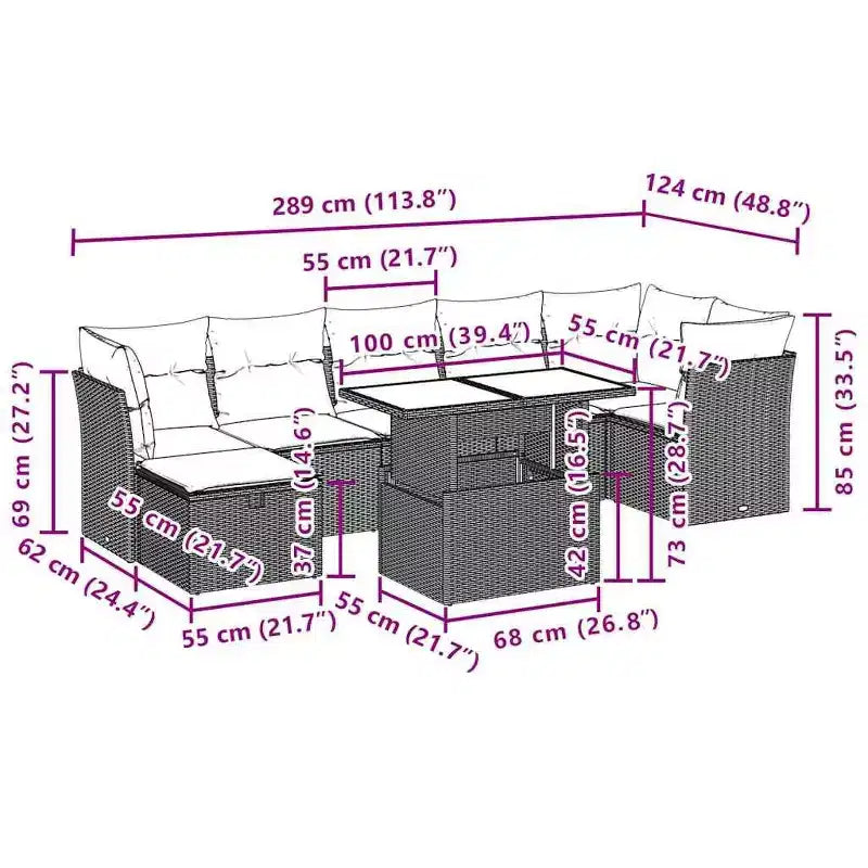 vidaXL 8-teiliges Gartensofa-Set mit Kissen, Poly-Rattan, modulares Ecksofa für den Außenbereich, verstellbarer Tisch