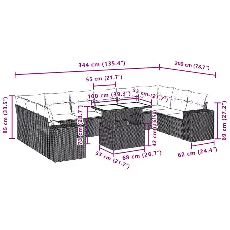 vidaXL 11 Piece Patio Sofa Set with Cushions Poly Rattan, Modular Outdoor Sectional, Adjustable Table, Weatherproof, Multiple Colors