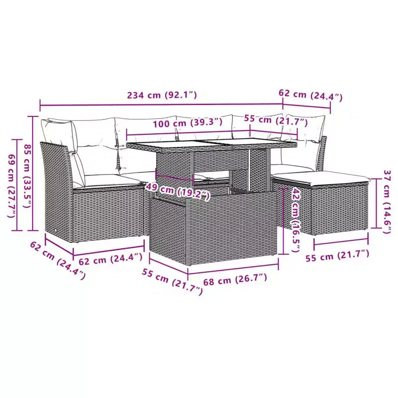 vidaXL Patio Sofa Set with Cushions Modular Outdoor Seating 6 Piece Poly Rattan