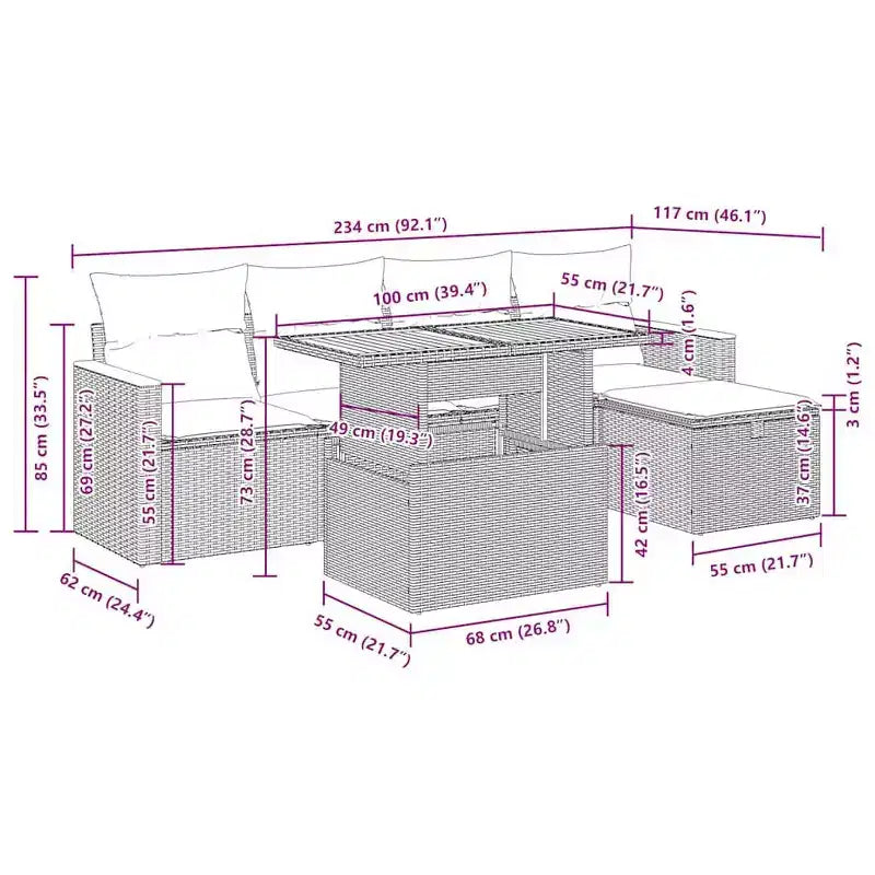 vidaXL 6 Piece Patio Sofa Set with Cushions Poly Rattan, Modular Outdoor Sectional, Adjustable Table, Multiple Colors/Models