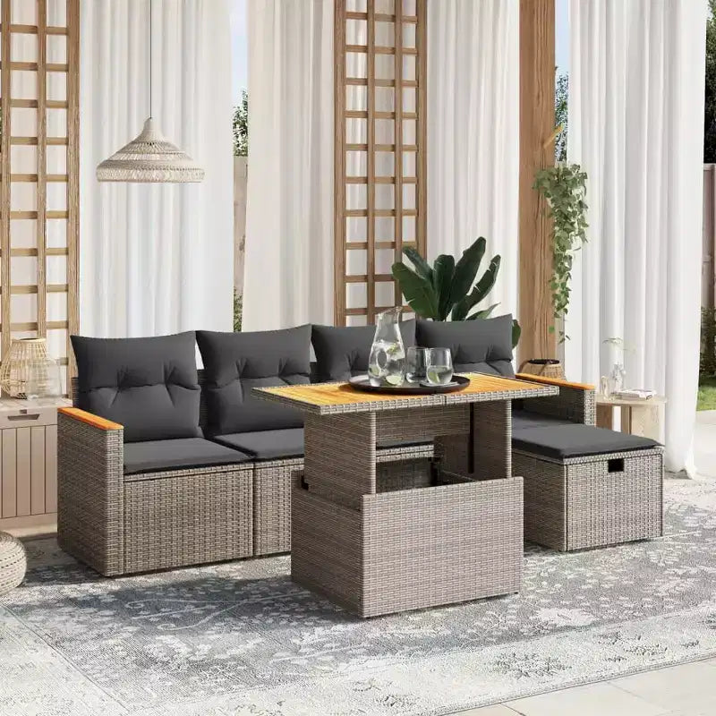 vidaXL 6 Piece Patio Sofa Set with Cushions Poly Rattan, Modular Outdoor Sectional, Adjustable Table, Multiple Colors/Models