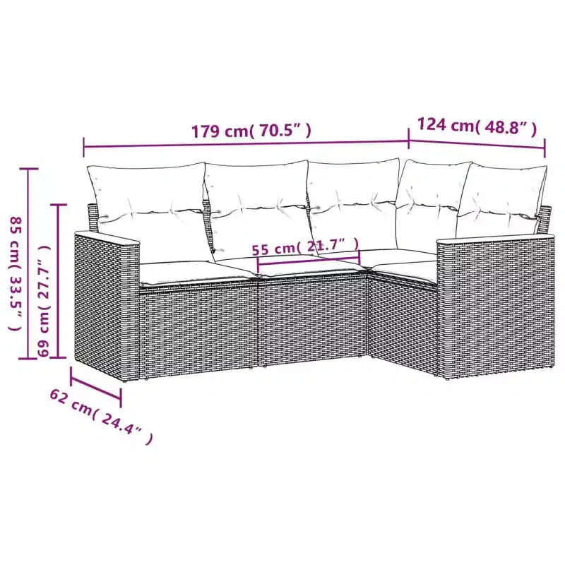 vidaXL 4-teiliges Terrassensofaset mit Kissen aus Poly-Rattan