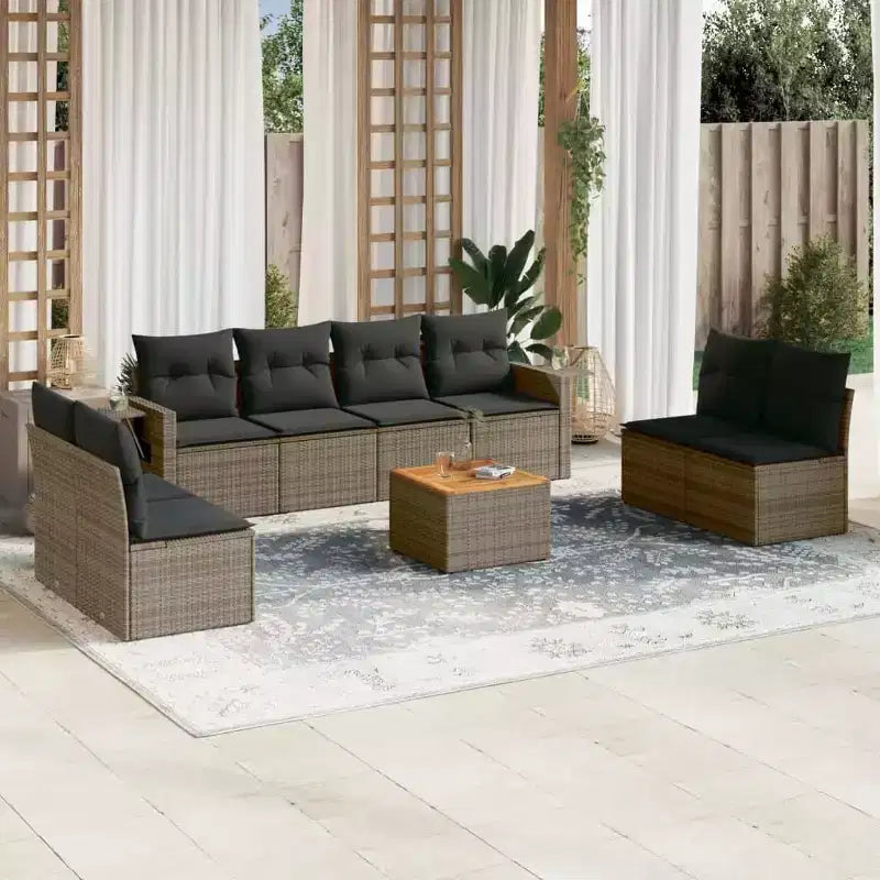 vidaXL 9-teiliges Gartensofa-Set mit Kissen, grau, Poly-Rattan