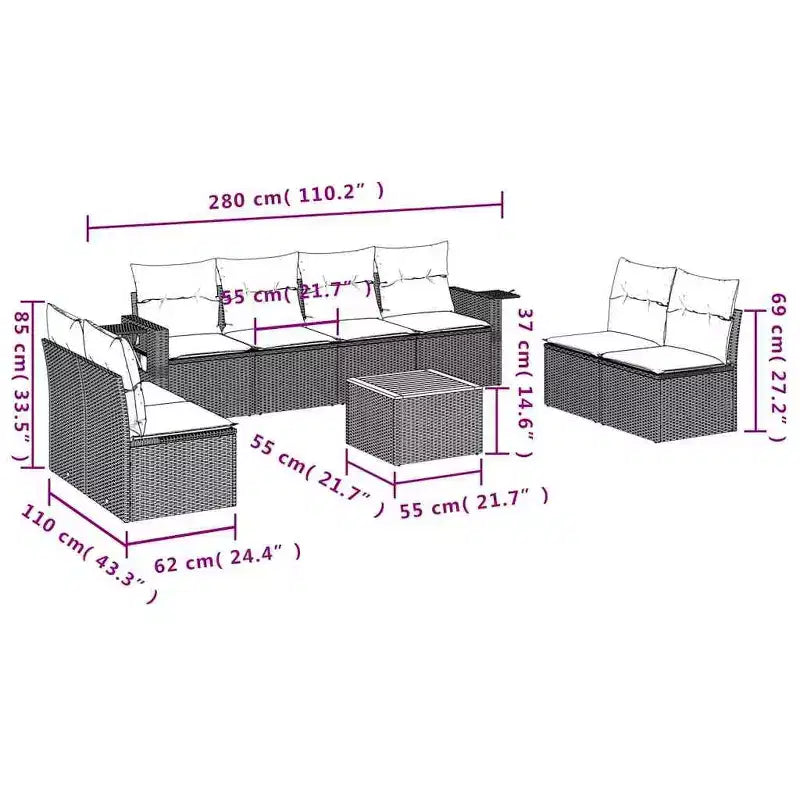 vidaXL 9-teiliges Gartensofa-Set mit Kissen, grau, Poly-Rattan