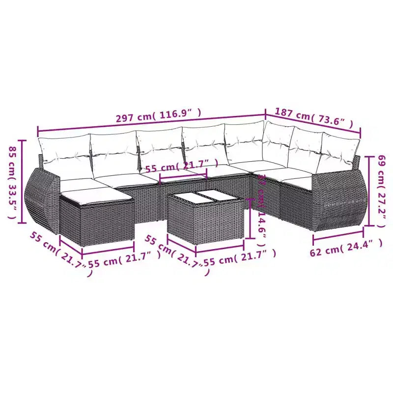 vidaXL 9-teiliges Terrassensofaset mit Kissen, beigefarbenes Poly-Rattan