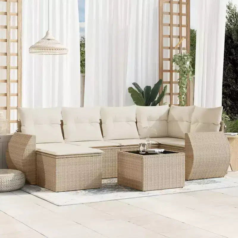 vidaXL 7-teiliges Gartensofa-Set mit Kissen, beige, Poly-Rattan