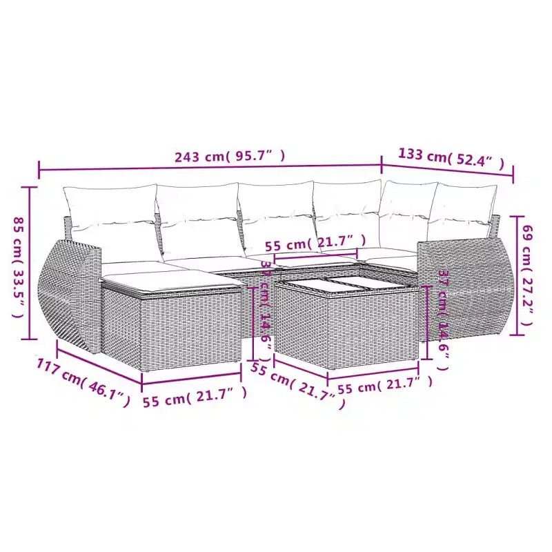 vidaXL 7-teiliges Gartensofa-Set mit Kissen, beige, Poly-Rattan
