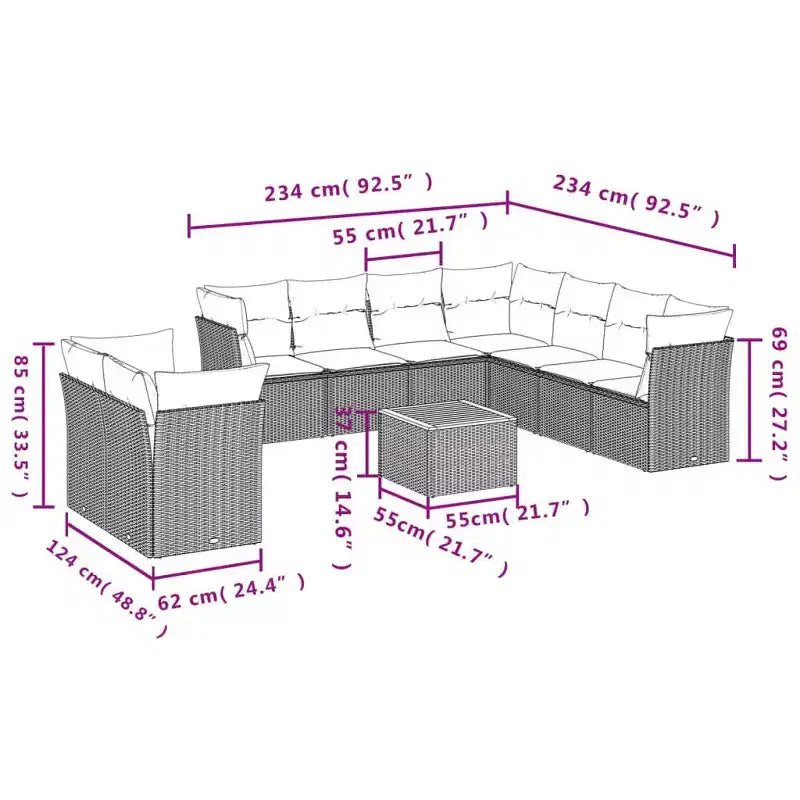 vidaXL Ensemble de canapé de jardin avec coussins, mobilier d’extérieur, 10 pièces, en polyrotin