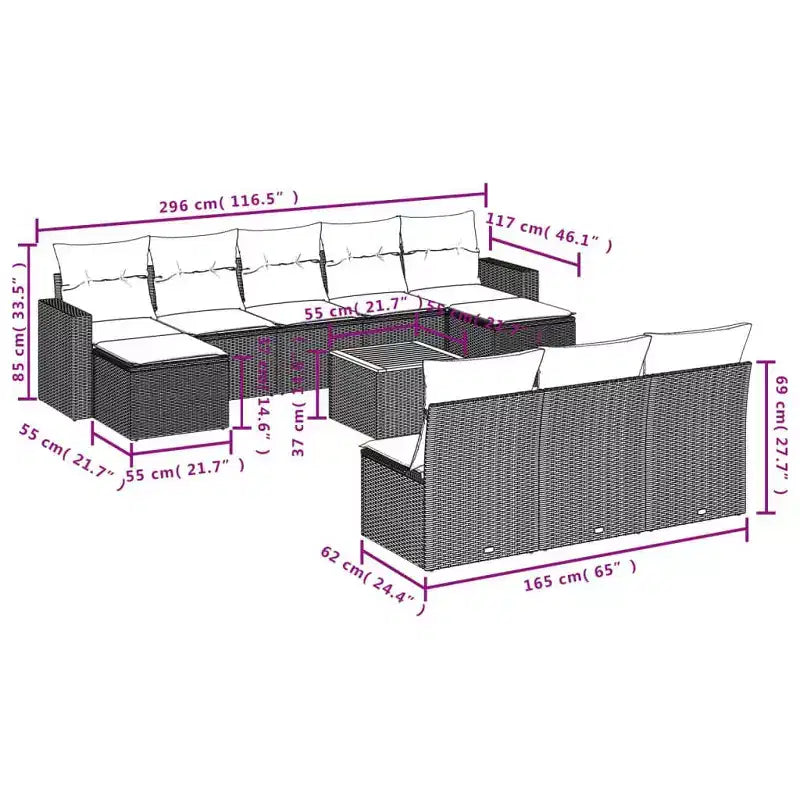 vidaXL Ensemble de canapé de terrasse avec coussins, mobilier d’extérieur 11 pièces en polyrotin