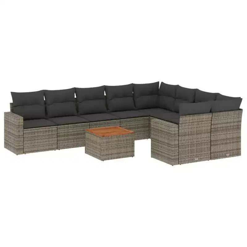 vidaXL 10 Piece Patio Sofa Set with Cushions Gray Poly Rattan - Gray 5x middle + Table + 2x corner