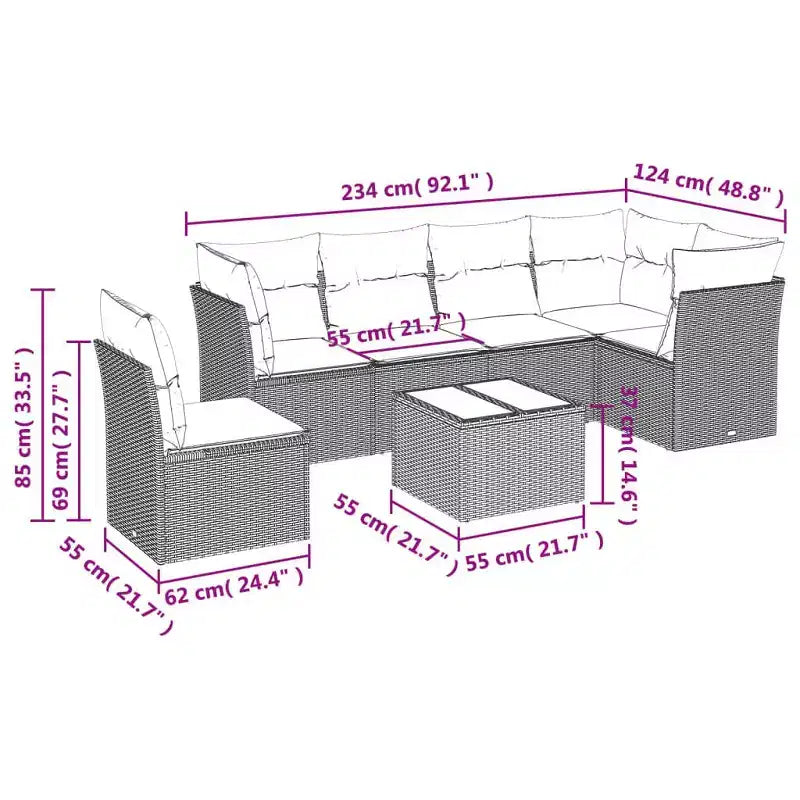 Set di divani da patio vidaXL da 7 pezzi con cuscini, polirattan marrone