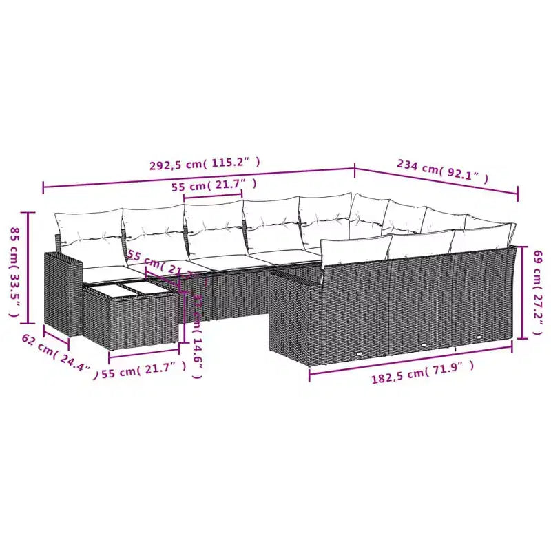 vidaXL 11-teiliges Gartensofa-Set mit Kissen, Poly-Rattan