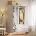 Acekool Modern 3-Door Storage Cabinet with Glass Doors, Hanging Rods & Drawers, Tall White Armoire for Bedroom and Living Room