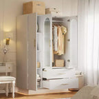Acekool Modern 3-Door Storage Cabinet with Glass Doors, Hanging Rods & Drawers, Tall White Armoire for Bedroom and Living Room