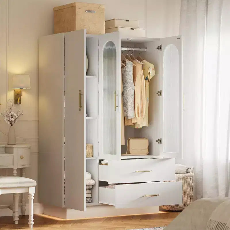 Acekool Modern 3-Door Storage Cabinet with Glass Doors, Hanging Rods & Drawers, Tall White Armoire for Bedroom and Living Room