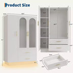 Acekool Modern 3-Door Storage Cabinet with Glass Doors, Hanging Rods & Drawers, Tall White Armoire for Bedroom and Living Room