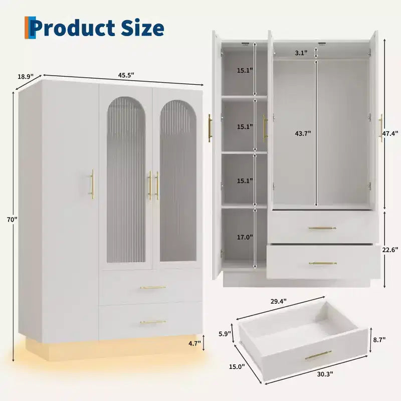 Acekool Modern 3-Door Storage Cabinet with Glass Doors, Hanging Rods & Drawers, Tall White Armoire for Bedroom and Living Room