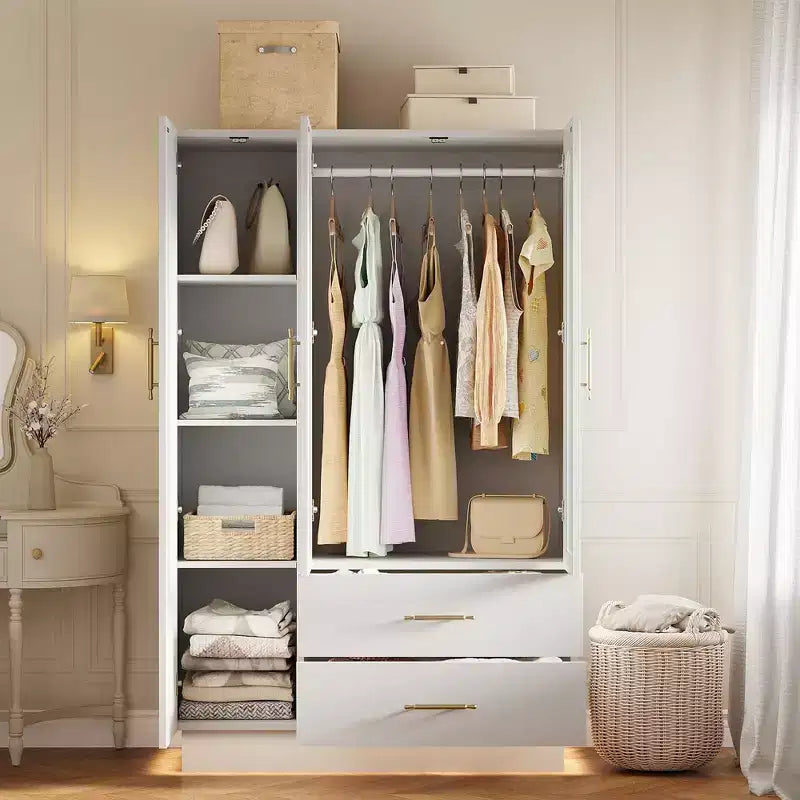 Acekool Modern 3-Door Storage Cabinet with Glass Doors, Hanging Rods & Drawers, Tall White Armoire for Bedroom and Living Room