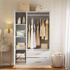 Acekool Modern 3-Door Storage Cabinet with Glass Doors, Hanging Rods & Drawers, Tall White Armoire for Bedroom and Living Room