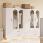 Acekool Modern 3-Door Storage Cabinet with Glass Doors, Hanging Rods & Drawers, Tall White Armoire for Bedroom and Living Room