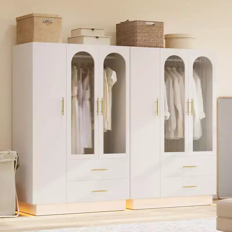 Acekool Modern 3-Door Storage Cabinet with Glass Doors, Hanging Rods & Drawers, Tall White Armoire for Bedroom and Living Room
