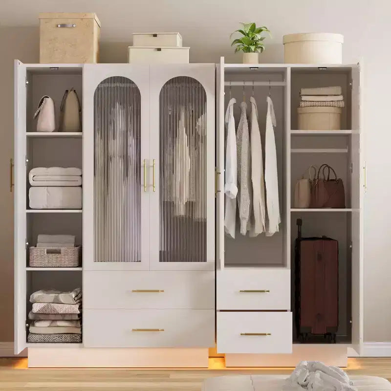 Acekool Modern 3-Door Storage Cabinet with Glass Doors, Hanging Rods & Drawers, Tall White Armoire for Bedroom and Living Room