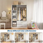 Acekool Modern 3-Door Storage Cabinet with Glass Doors, Hanging Rods & Drawers, Tall White Armoire for Bedroom and Living Room