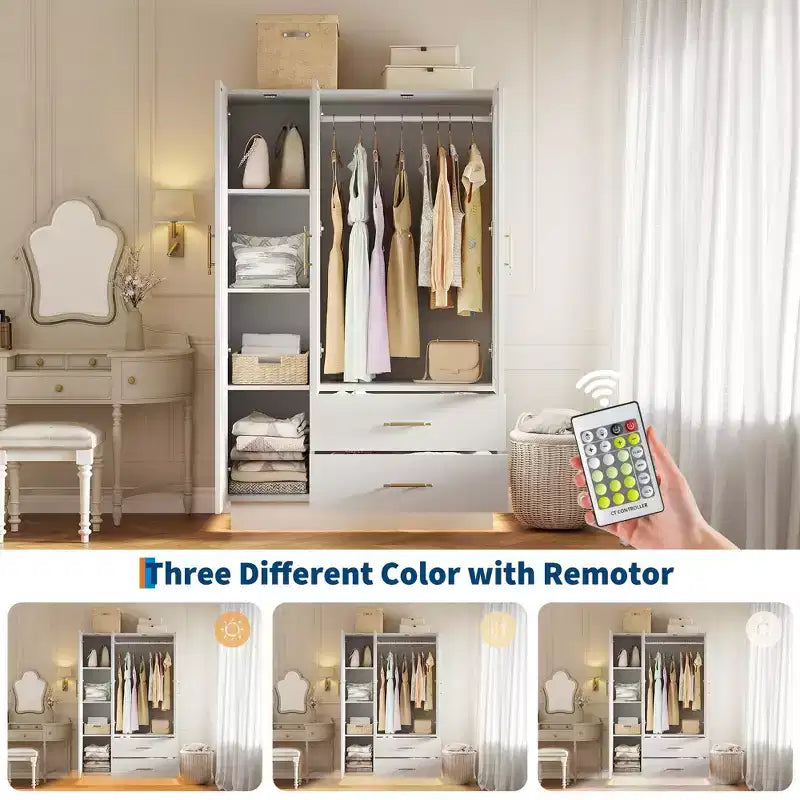 Acekool Modern 3-Door Storage Cabinet with Glass Doors, Hanging Rods & Drawers, Tall White Armoire for Bedroom and Living Room