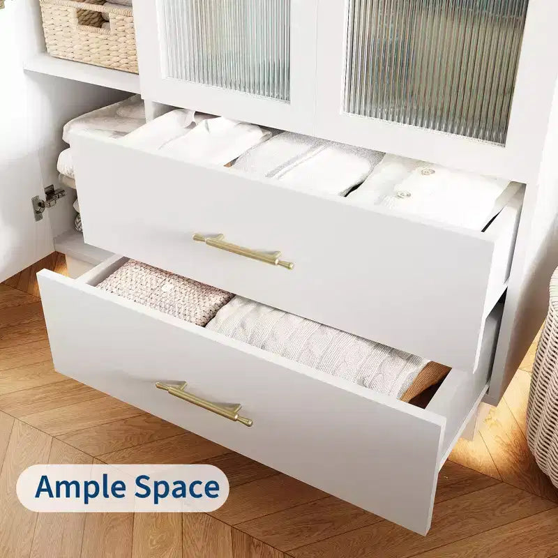 Acekool Modern 3-Door Storage Cabinet with Glass Doors, Hanging Rods & Drawers, Tall White Armoire for Bedroom and Living Room