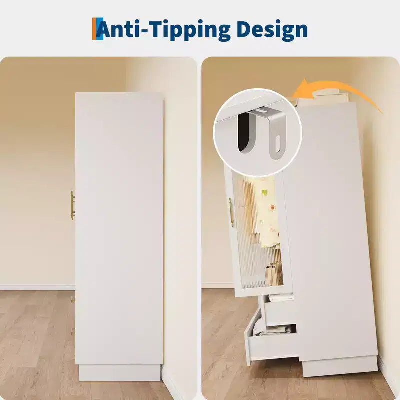 Acekool Modern 3-Door Storage Cabinet with Glass Doors, Hanging Rods & Drawers, Tall White Armoire for Bedroom and Living Room