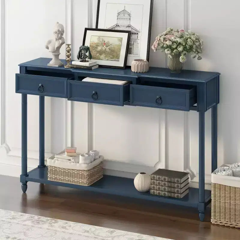 Console, Sofa Table with 3 Projecting Drawers, Botton Long Open Shelf Rustic Mufti-Functional Home Furniture for Entryway Navy Blue