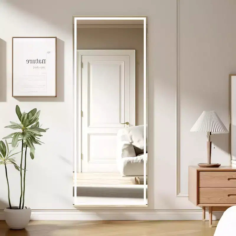 Miroir pleine longueur LED COZONY 70x28, éclairage réglable à 3 couleurs, miroir sur pied ou à fixation murale avec cadre métallique