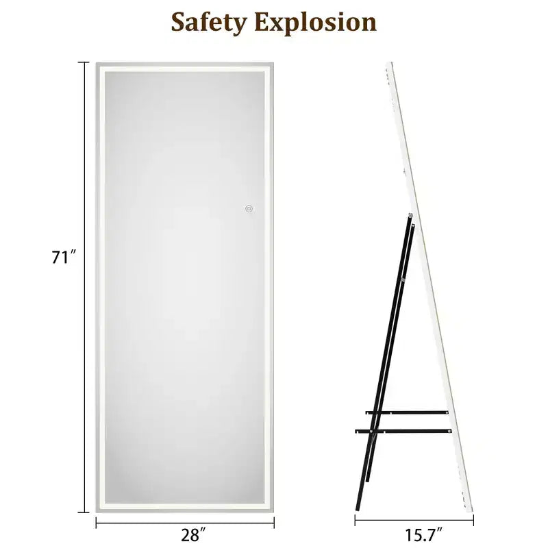 Miroir pleine longueur LED COZONY 70x28, éclairage réglable à 3 couleurs, miroir sur pied ou à fixation murale avec cadre métallique